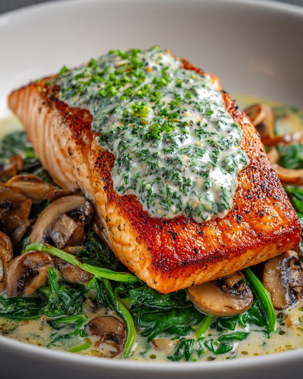A Plate Of Salmon Topped With A Creamy Dill Sauce Served On A Bed Of Spinach — Stock Photo