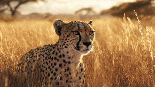 A Cheetah Stands In A Grassy Field During Sunset Looking Directly Into The Camera — Stock Photo