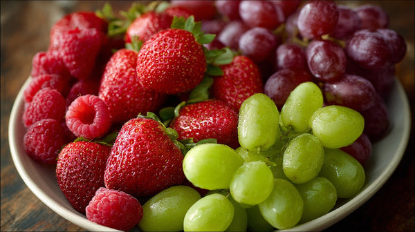 A Bowl Of Fresh Fruits Including Strawberries Grapes And Watermelon Displayed On A Table — Stock Photo