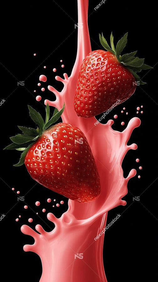 Strawberry Splash With Three Whole Strawberries And A Splash Of Red Liquid Set Against A Black Background — Stock Photo