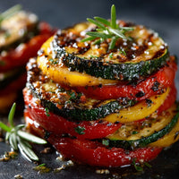Grilled Vegetables Including Zucchini And Red Bell Peppers Topped With Herbs And Served On A Black Plate — Stock Photo