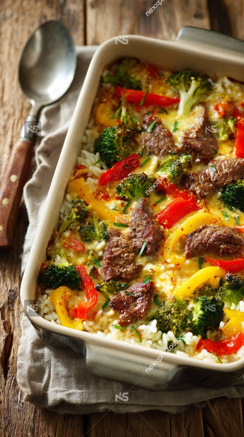 A Casserole Dish Filled With Broccoli Beef And Rice Placed On A Wooden Table — Stock Photo
