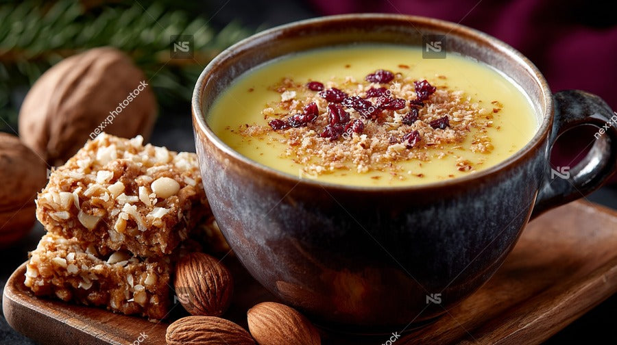 A Cozy Holiday Drink Garnished With Cinnamon And Nuts Served In A Mug On A Wooden Tray — Stock Photo