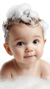 A Baby With Bubbles On Its Head Taken From A Top Down Perspective Set Against A White Background — Stock Photo