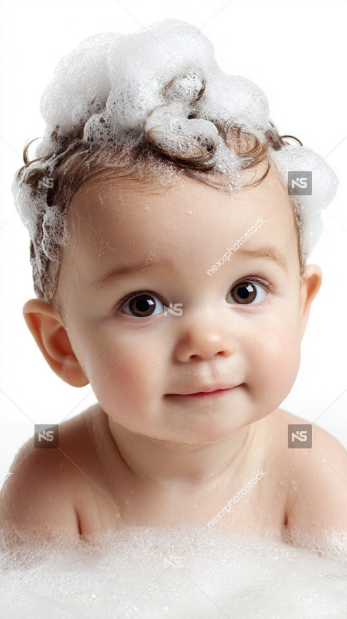 A Baby With Bubbles On Its Head Taken From A Top Down Perspective Set Against A White Background — Stock Photo