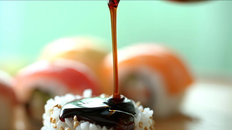 a close up image of a sushi roll being drizzled with soy sauce showcasing the process of adding flavor to the dish - Stock Video