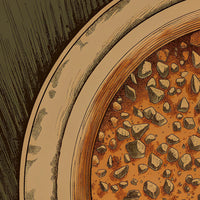Brown And White Illustration Of A Close Up View Of A Pizza With Various Toppings — Stock Illustration
