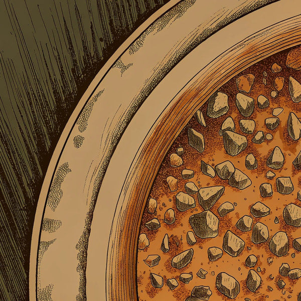 Brown And White Illustration Of A Close Up View Of A Pizza With Various Toppings — Stock Illustration