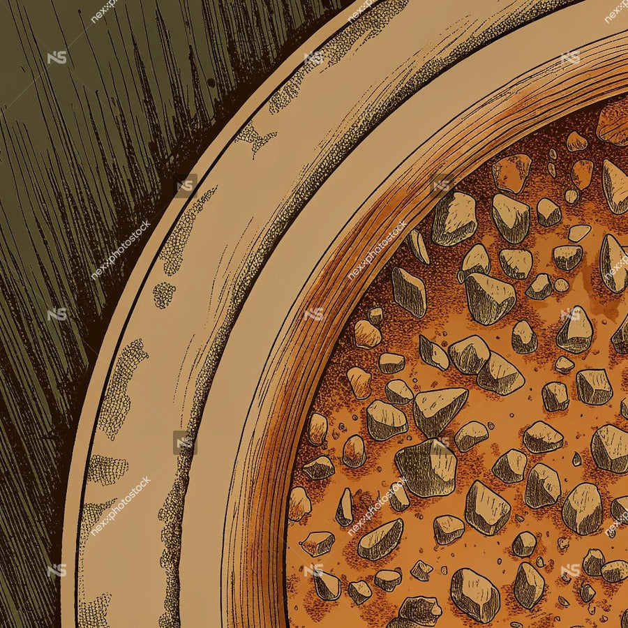Brown And White Illustration Of A Close Up View Of A Pizza With Various Toppings — Stock Illustration
