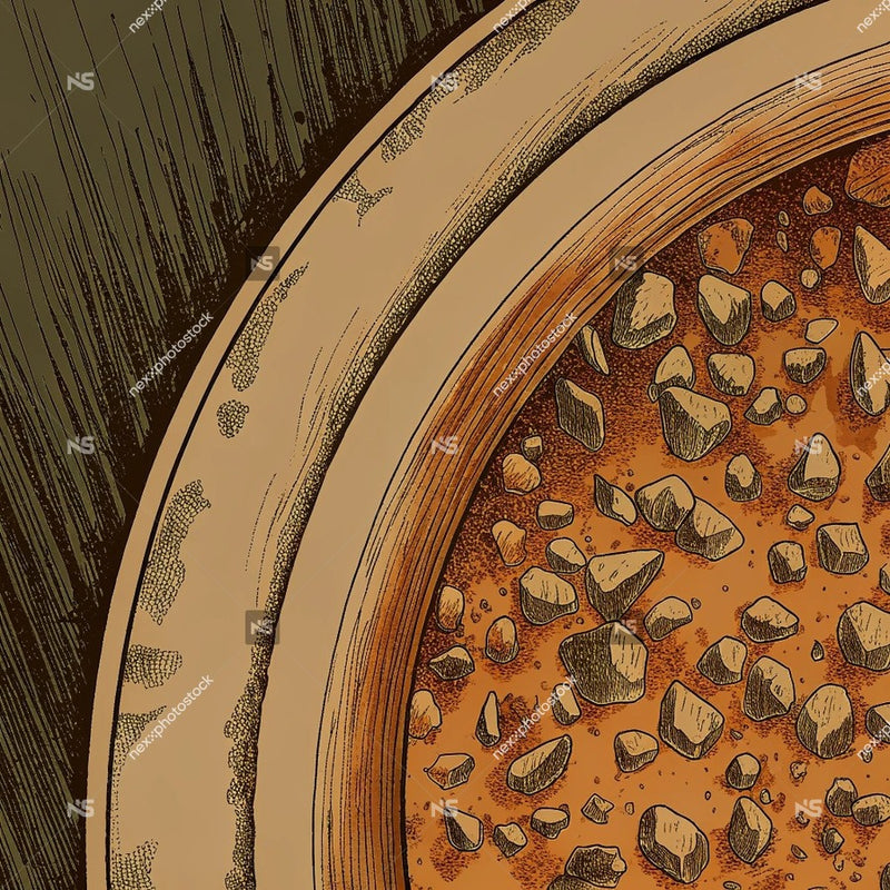 Brown And White Illustration Of A Close Up View Of A Pizza With Various Toppings — Stock Illustration