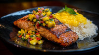 Grilled Salmon Rice And Vegetables On A Plate — Stock Photo