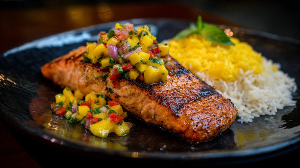 Grilled Salmon Rice And Vegetables On A Plate — Stock Photo