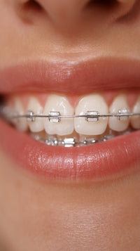 A Close Up Of A Woman S Smile Revealing Braces — Stock Photo