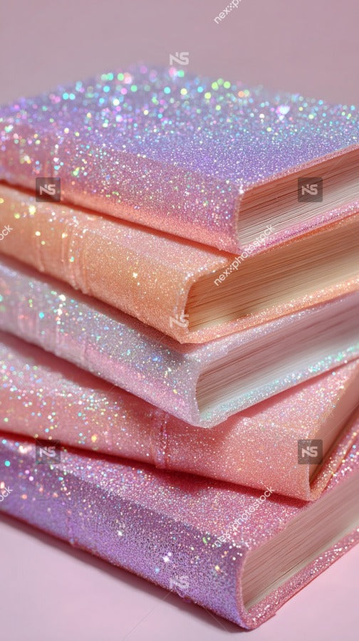 A Stack Of Books With Glittering Covers In Pastel Colors Arranged On A Flat Surface Against A Pink Background — Stock Photo