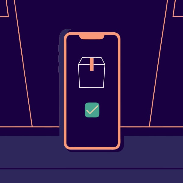 A Smartphone An Unlock Screen With A Package Icon And A Checkmark Set Against A Dark Background — Stock Vector