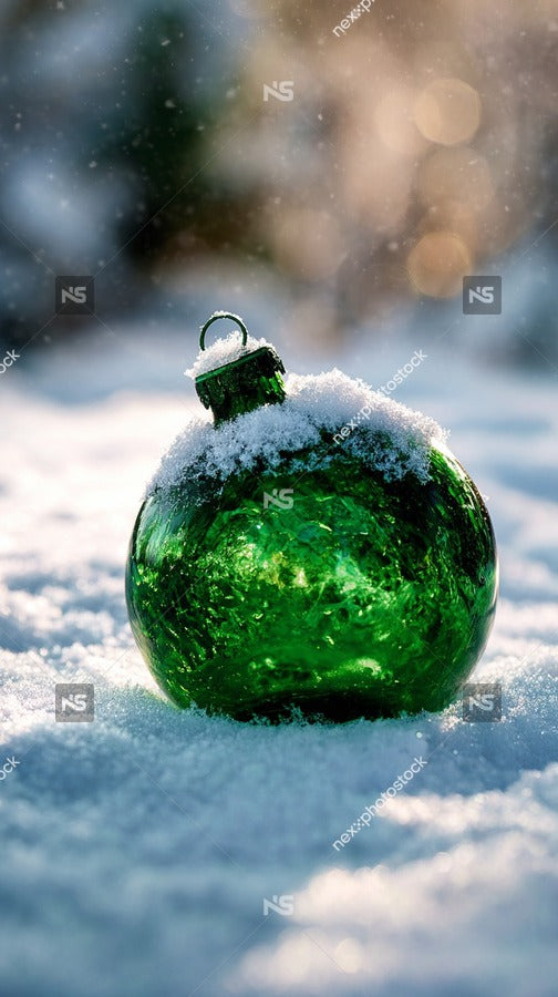 A Green Glass Christmas Ornament With Snow On It Is Placed On A Snow Covered Surface — Stock Photo