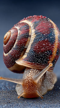 A Close Up Photograph Of A Red And Black Snail With Intricate Patterns On Its Shell Set Against A Blue Background — Stock Photo