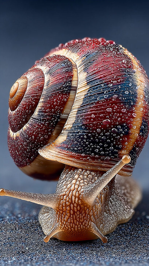 A Close Up Photograph Of A Red And Black Snail With Intricate Patterns On Its Shell Set Against A Blue Background — Stock Photo