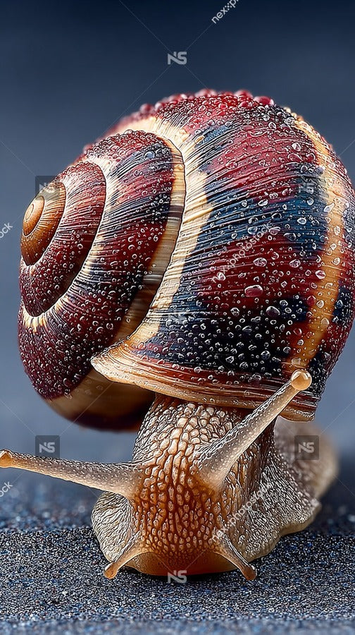 A Close Up Photograph Of A Red And Black Snail With Intricate Patterns On Its Shell Set Against A Blue Background — Stock Photo