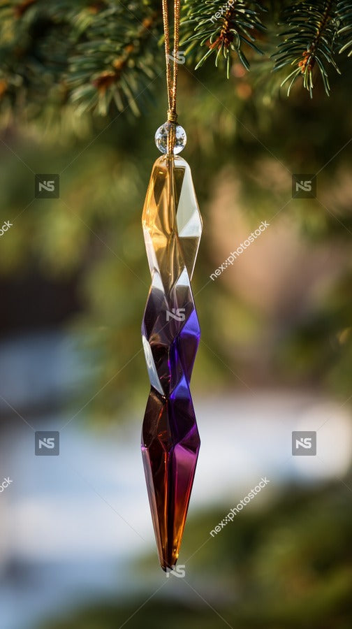 A Colorful Glass Ornament Hanging From A Pine Branch A Crystal Ball In Shades Of Blue And Purple — Stock Photo