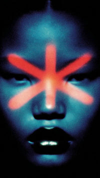 A Striking Portrait Of A Person With A Red Circle Over Their Eye Set Against A Blue Background — Stock Photo