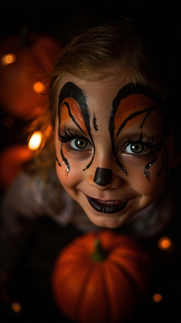 A Young Child With Face Paint Resembling A Tiger In Front Of A Background Filled With Pumpkins — Stock Photo