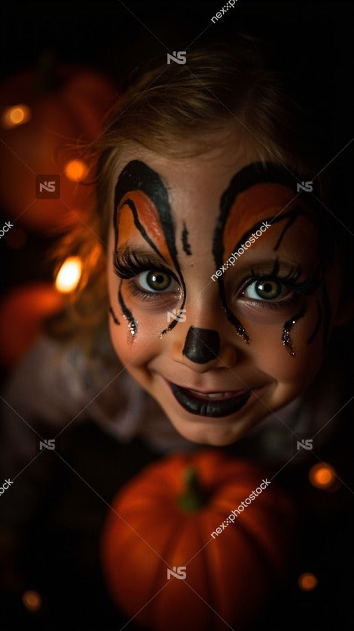 A Young Child With Face Paint Resembling A Tiger In Front Of A Background Filled With Pumpkins — Stock Photo