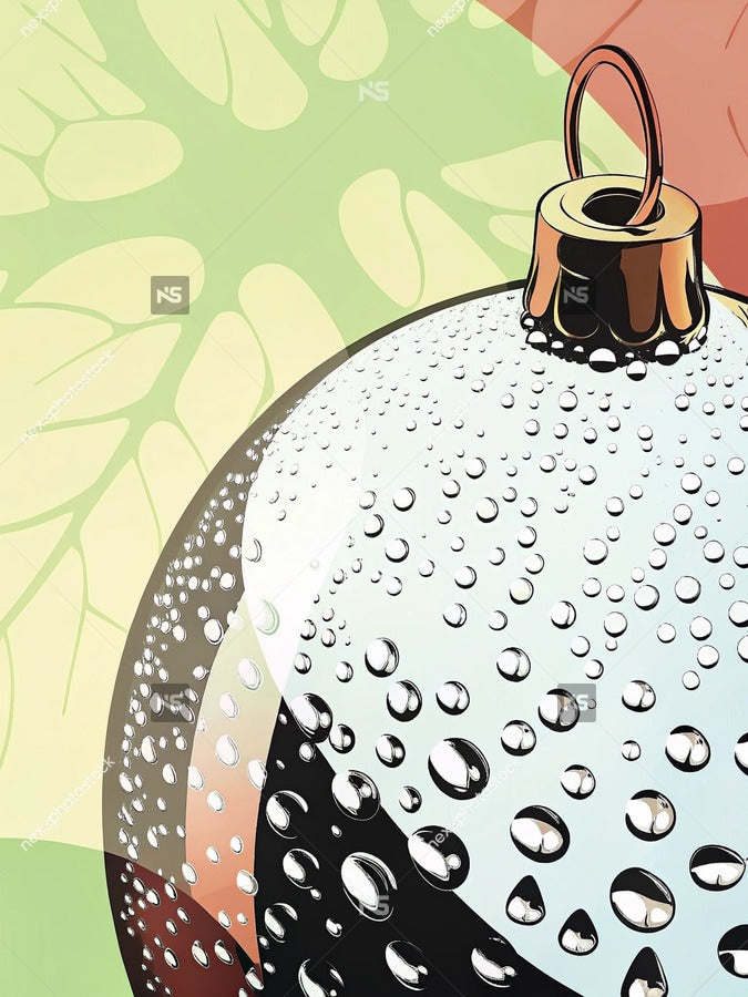 A Festive Christmas Ornament Ball Adorned With Droplets Of Water And A Copper Colored Bell Set Against A Vibrant Backdrop — Stock Illustration