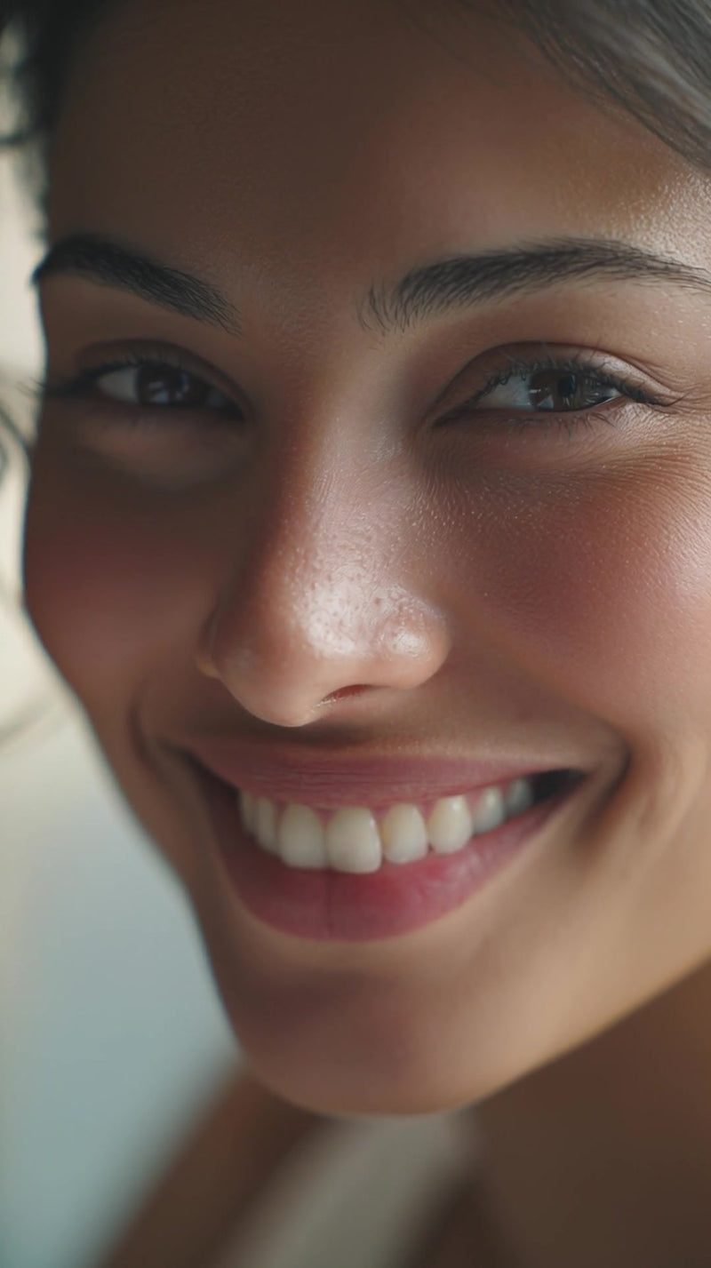 a woman is captured in a close up portrait smiling and looking directly at the camera - Stock Video