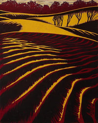 Vintage Poster Of A Rural Landscape A Field Of Plowed Earth Under A Red Sky — Stock Illustration