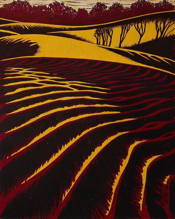 Vintage Poster Of A Rural Landscape A Field Of Plowed Earth Under A Red Sky — Stock Illustration