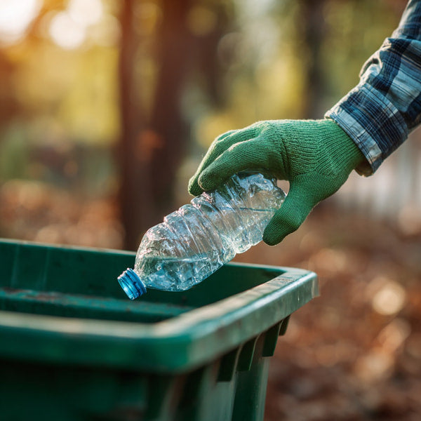A Person Wearing Green Gloves Is Placing A Clear Plastic Bottle Into A Green Recycling Bin — Stock Photo
