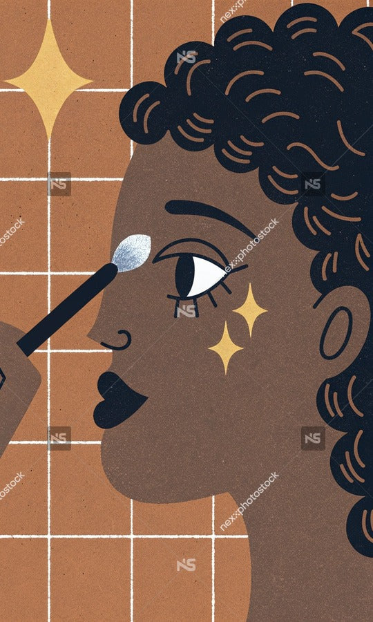 Illustration Of A Person Applying Makeup With A Brush Surrounded By Sparkles And Cosmetic Products — Stock Illustration