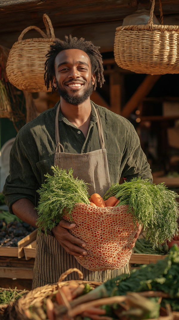 A Portrait Of A Man Standing In Front Of A Market Stall Filled With Fresh Produce — Stock Photo