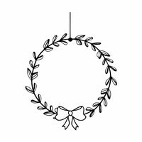 Black And White Illustration Of A Christmas Wreath With A Bow On Top Set Against A White Background — Stock Vector