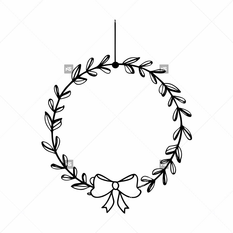Black And White Illustration Of A Christmas Wreath With A Bow On Top Set Against A White Background — Stock Vector