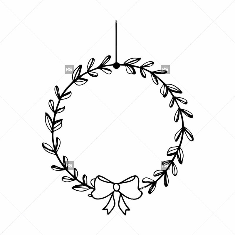 Black And White Illustration Of A Christmas Wreath With A Bow On Top Set Against A White Background — Stock Vector