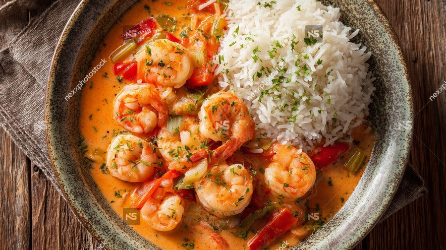 A Bowl Of Shrimp Curry With Rice Served In A Blue And White Bowl On A Wooden Table — Stock Photo