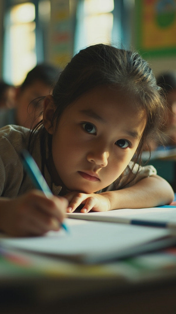 A Young Girl Is Sitting At A Desk Writing In A Notebook With A Pencil — Stock Photo