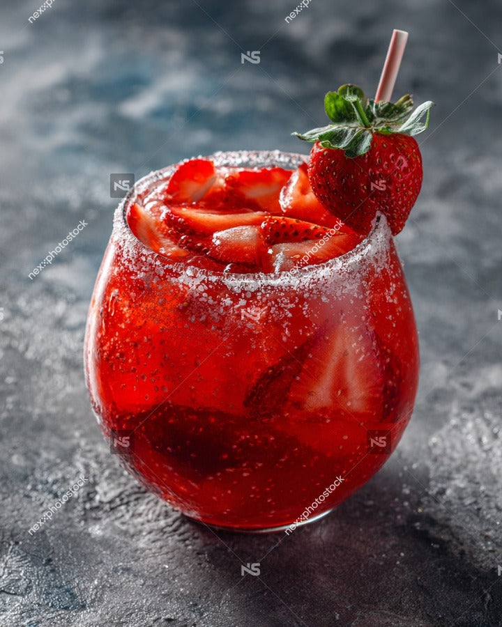 A Glass Of Red Cocktail With Sliced Strawberries And Ice Garnished With A Strawberry Slice On Top Placed On A Table — Stock Photo