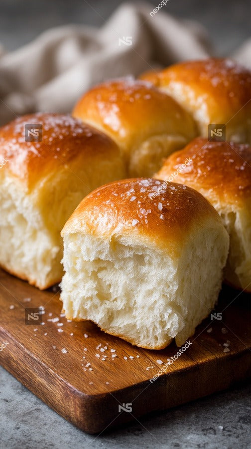 Six Golden Brown Buns With A Sprinkle Of Sugar Arranged On A Wooden Cutting Board — Stock Photo