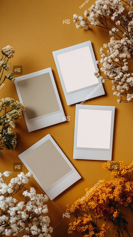 Four Polaroid Photos On A Table With A Blurred Background Of Flowers — Stock Photo