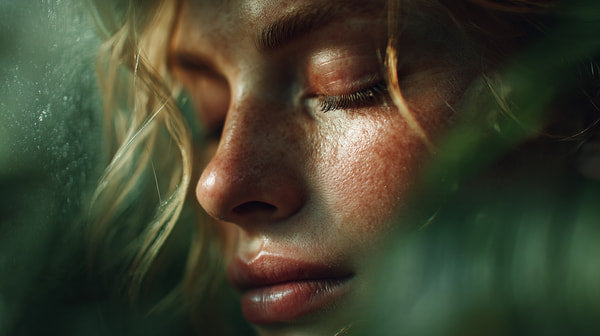 A Close Up Portrait Of A Woman With Raindrops On Her Face Captured From A Top View Angle — Stock Photo