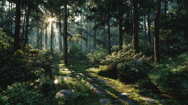 A Tranquil Forest Path At Sunrise With A Clear View Of The Horizon And A Serene Atmosphere — Stock Photo