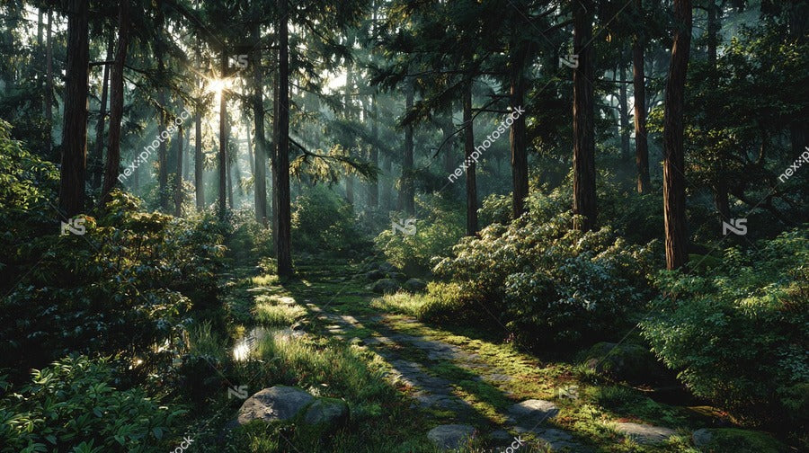 A Tranquil Forest Path At Sunrise With A Clear View Of The Horizon And A Serene Atmosphere — Stock Photo
