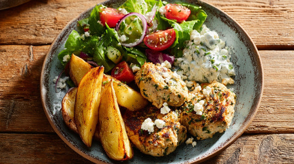 A Plate Of Grilled Chicken Potatoes Salad And Tzatziki Sauce On A Wooden Table — Stock Photo