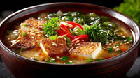 Two Bowls Of Asian Soup Each Containing Tofu And Various Vegetables Presented On A Dark Surface — Stock Photo
