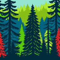 Colorful Forest Scenery With A Variety Of Trees And Foliage Set Against A Gradient Sky Background — Stock Vector