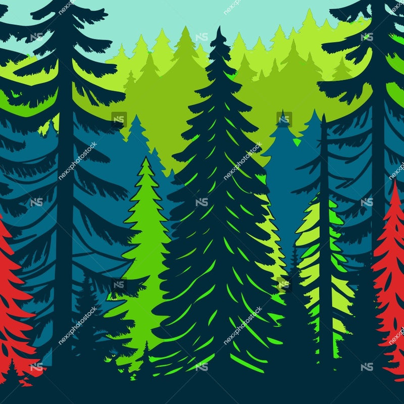 Colorful Forest Scenery With A Variety Of Trees And Foliage Set Against A Gradient Sky Background — Stock Vector