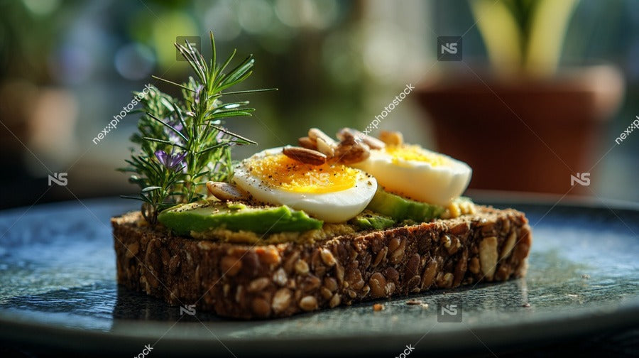 Eggs Benedict On A Slice Of Bread With Avocado And Sprouts On A Dark Plate — Stock Photo